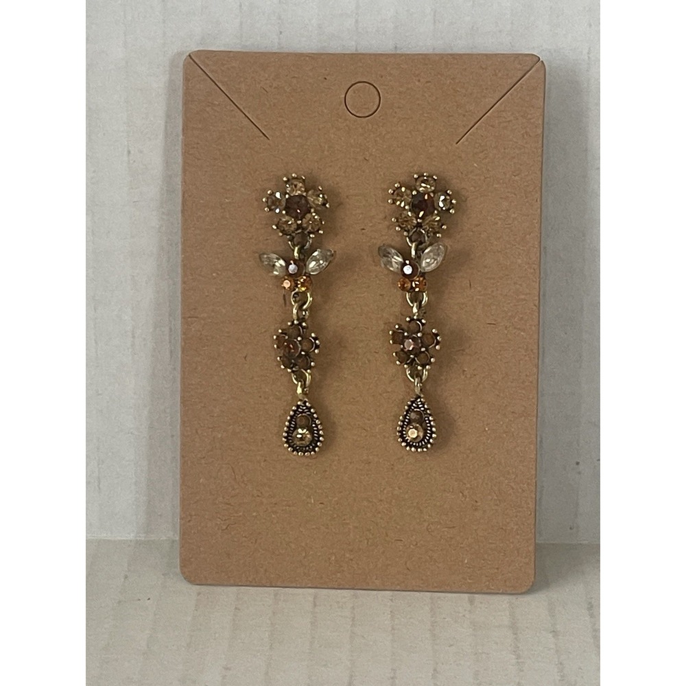 Vintage 90s Gold Tone Floral Rhinestone Dangle Earrings Amber Crystal 1.75"